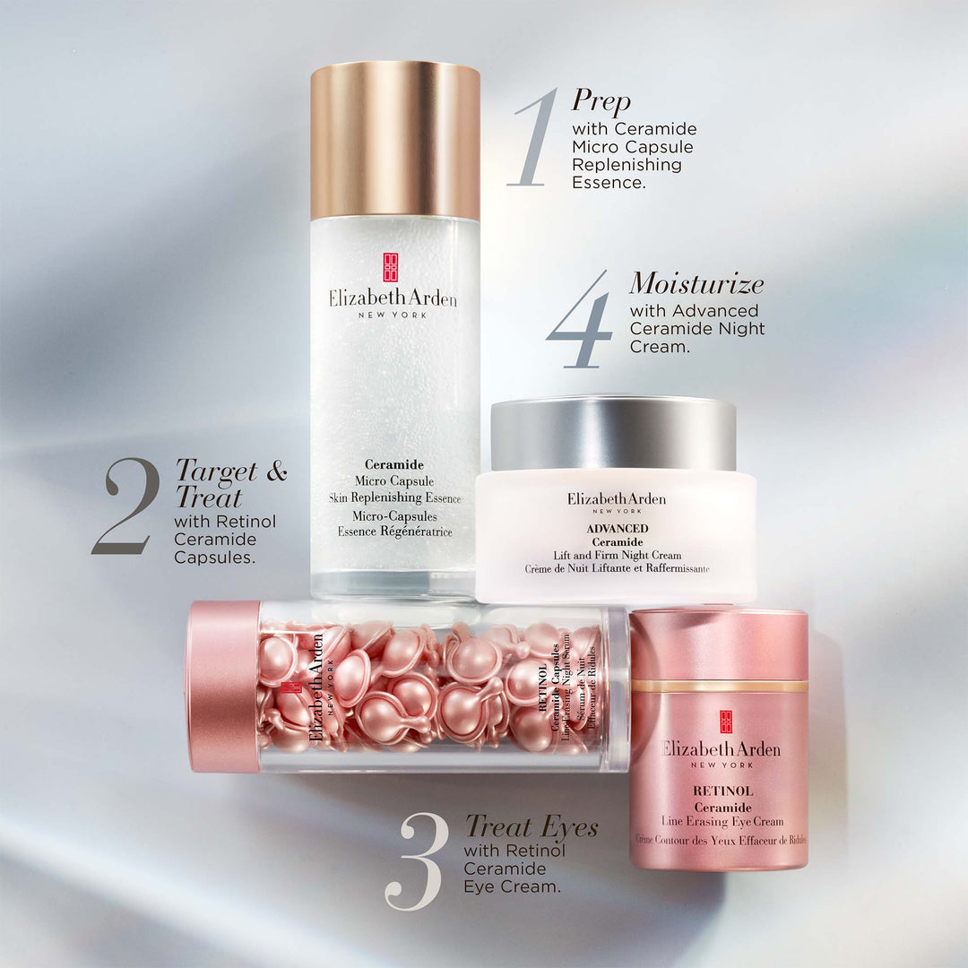 1Prep with ceramide micro capsule essence. 2- Target and treat with Retinol Ceramide capsules. 3-Treat Eyes with Retinol Ceramide Eye cream. 4-moisturise with Advanced Ceramide Night Cream.