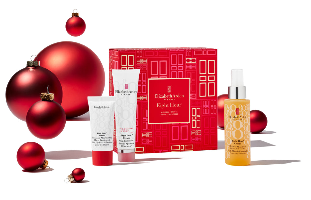 Elizabeth Arden UK Holiday & Christmas Gift Buying Guide 2024, £50 & Under banner featuring 8 Hour Miracle Gift Set