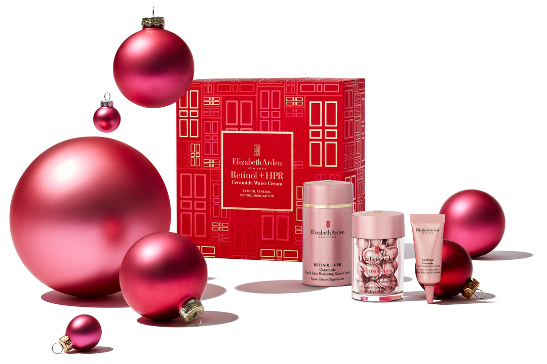 Elizabeth Arden UK Holiday & Christmas Gift Buying Guide 2024, £100 and under banner featuring Retinol Renewal Retinol HPR Cream & Capsules 3-Piece Set