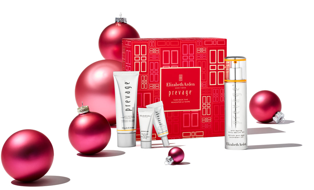 Elizabeth Arden UK Holiday & Christmas Gift Buying Guide 2024, £100 and over banner featuring PREVAGE® 2.0 Serum Turn Back Time 4-Piece Set